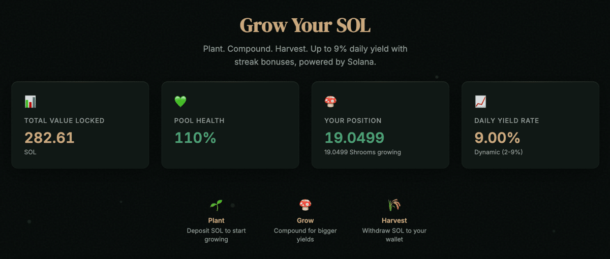 Sol Mushroom Farm dashboard showing SOL deposit and Shrooms balance on solmushroomfarm.xyz