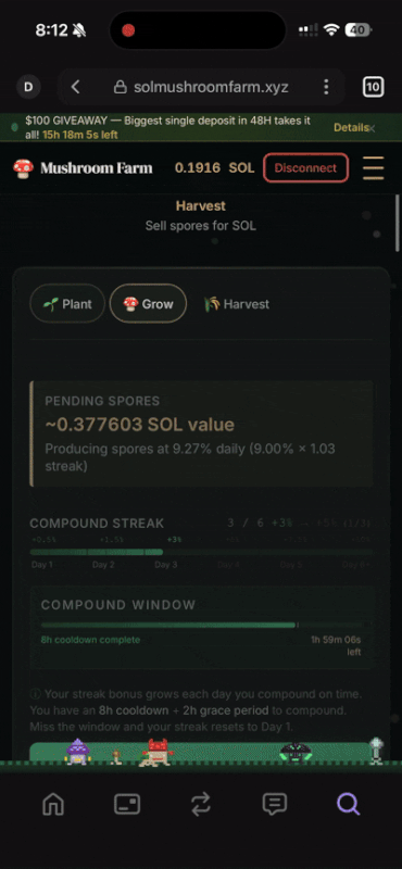 Sol Mushroom Farm homepage showing Plant SOL, Compound, growing nterface