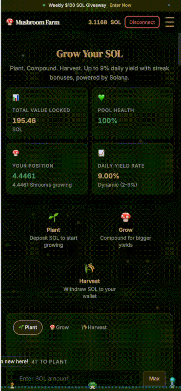 Sol Mushroom Farm homepage showing Plant SOL, Compound, Harvest interface